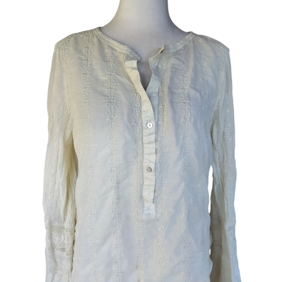 Burning Torch Cream Floral Embroidered Reclaimed Cotton Popover Blouse Small - Picture 2 of 9